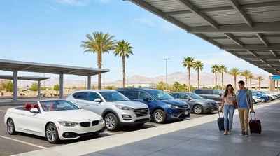 Red sedan parked at a Las Vegas car rental lot with the city skyline in the background