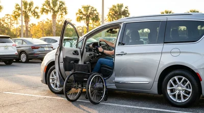 Close-up of a person's hands operating steering wheel hand controls in a car rental in Orlando
