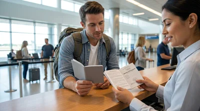 Customer presenting an international driving permit at a car rental desk in the United States