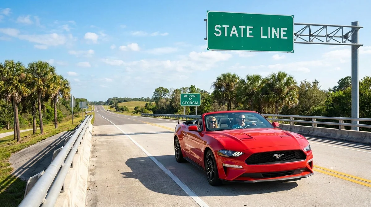 White car rental driving on a sunny Florida highway surrounded by green palm trees under a blue sky