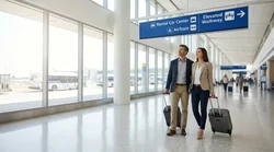 Travelers with luggage walking past signs for the car rental center at San Francisco International Airport