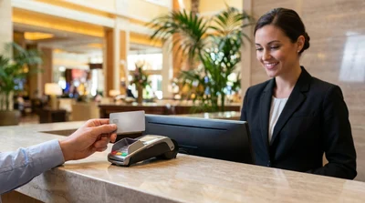 Close up of a person handing a credit card across a car rental counter in Las Vegas
