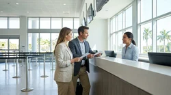 Travelers with luggage waiting at a car rental desk inside a bright Miami airport