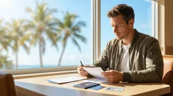 Traveler handing a driver's license to an agent at a sunny Florida car rental desk