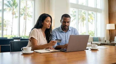 A customer presenting a credit card at a car rental desk in a bright Miami hotel lobby