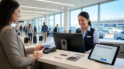 Customer handing a credit card to an employee at a car rental desk in the United Estates