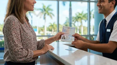 Traveler handing an open passport to an agent at a car rental desk in Florida