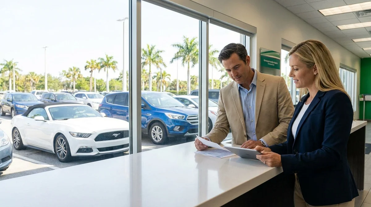 Customer reading a car rental contract next to a silver SUV in a sunny Florida parking lot