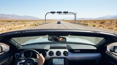 A silver car rental driving on a desert highway with the Las Vegas skyline ahead