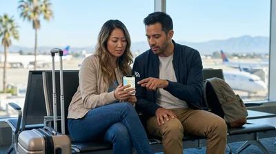 Traveler looking at a smartphone map while standing near a car rental in Los Angeles