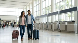 Travelers with luggage walking toward the car rental desks inside the Orlando airport terminal