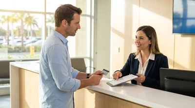 Customer presenting a credit card to an agent at a Florida car hire desk