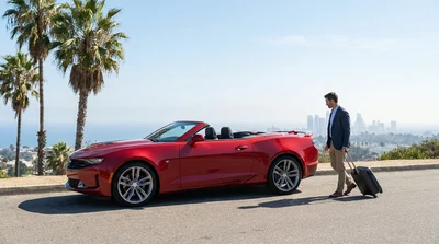 Red convertible car rental driving on a sunny street lined with palm trees in Los Angeles