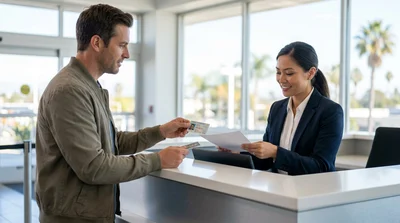 Customer presenting a driver's license to an agent at a car rental counter in California