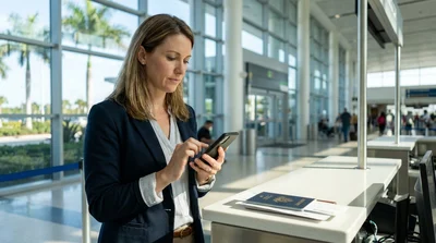 Customers checking in at a modern car hire desk inside the Orlando Airport terminal