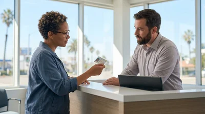 Person wearing glasses presenting a driver's license at a car rental counter in California