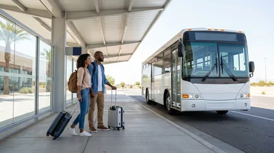 Passengers rolling suitcases toward a car hire shuttle bus outside Terminal 1 in Las Vegas