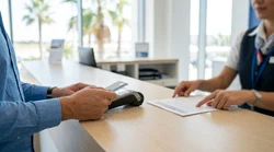 Close-up of a customer handing a credit card to an agent at a Florida car hire counter