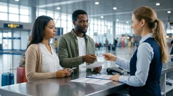 Customer handing travel documents to an agent at a New York car rental desk