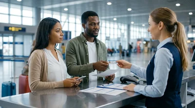 Customer handing travel documents to an agent at a New York car rental desk