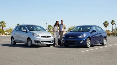 White compact and silver economy cars parked side by side under palm trees at an Orlando car rental lot