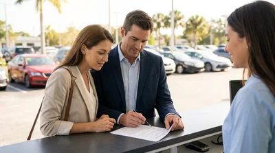 Hands reviewing a printed car rental agreement next to a set of keys on a counter in Florida