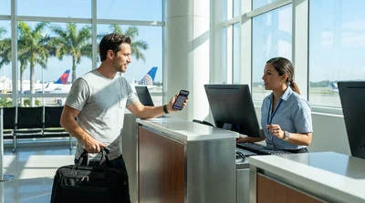 Traveler looking at a smartphone next to a car rental outside the Miami airport terminal