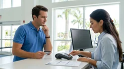 Customer handing a credit card to an agent at a Florida car hire counter