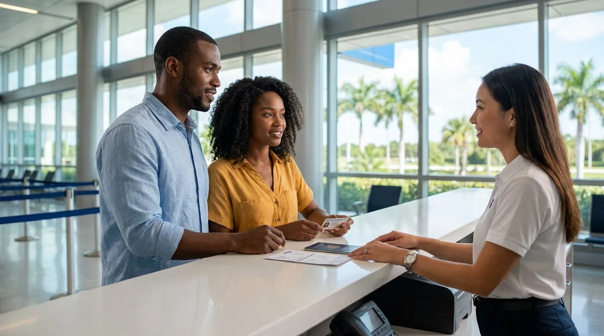 A person presenting a driver's license at a car rental desk in sunny Florida