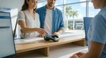 Close-up of a person handing a credit card to an agent at a Florida car rental counter