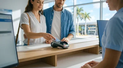 Close-up of a person handing a credit card to an agent at a Florida car rental counter