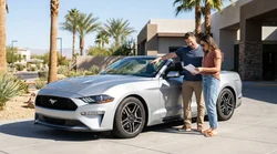 Driver checking the front tyre and windscreen of a car rental parked on the Las Vegas Strip