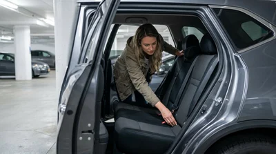 Person installing a child seat in the back of a car rental on a New York street