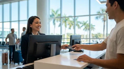 Traveler showing a document and receiving keys at a Florida car rental counter