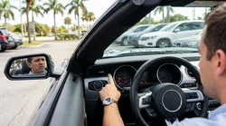 Close-up of red dashboard warning lights illuminated behind a steering wheel at a Miami car rental lot