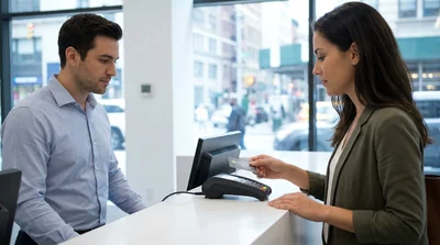 Customer handing a credit card to an agent at a New York car rental desk