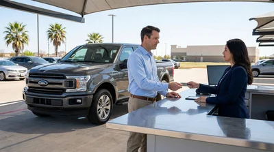 Customer handing a credit card to an agent at a car rental desk in Texas
