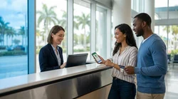Customer holding a credit card and smartphone at a car hire pick-up desk in Miami