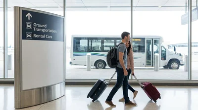 Traveler with a rolling suitcase walking toward the car rental desks in a New York airport terminal