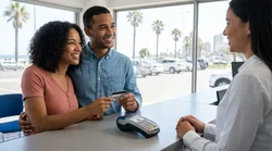 Close-up of a customer paying with a credit card at a car hire desk in Miami