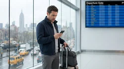 Traveler with luggage checking their watch at an airport car hire counter in New York