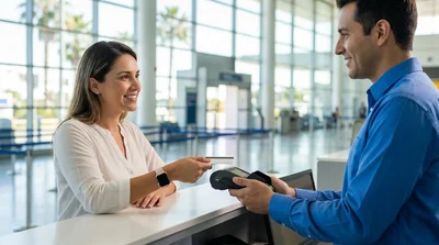 Customer handing a credit card to an agent at a Miami car rental counter
