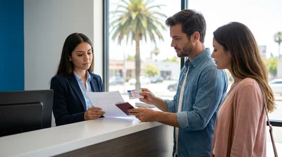 Close-up of hands holding a paper driving licence at a California car hire desk