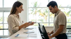 Woman handing her credit card to an agent at a Miami car rental counter