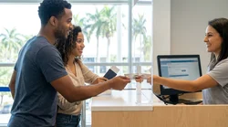 Person handing a credit card to an agent at a car hire counter in Florida