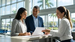 Close-up of hands signing documents at a car rental desk with a sunny Miami street in the background