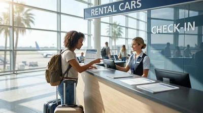 Traveler receiving keys from an agent at the Hola car rental counter inside Miami airport
