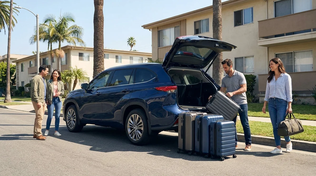 Four adults loading suitcases into a spacious car rental parked under sunny palm trees in Los Angeles