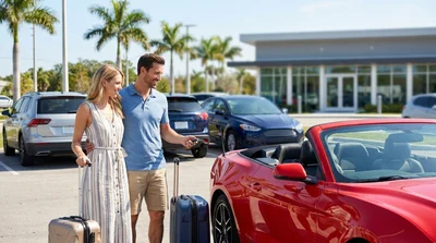 Row of cars parked at a sunny Orlando car rental lot surrounded by palm trees