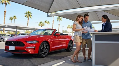 A silver car rental driving along a scenic coastal highway overlooking the ocean in California